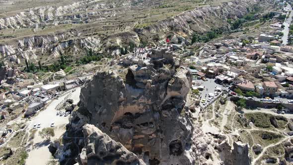 Aerial view of Pigeon Valley and Uchisar village and castle at Cappadocia, Turkey