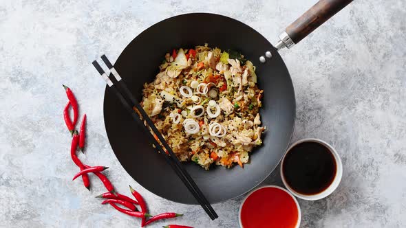 Delicious Fried Rice with Chicken in Wok