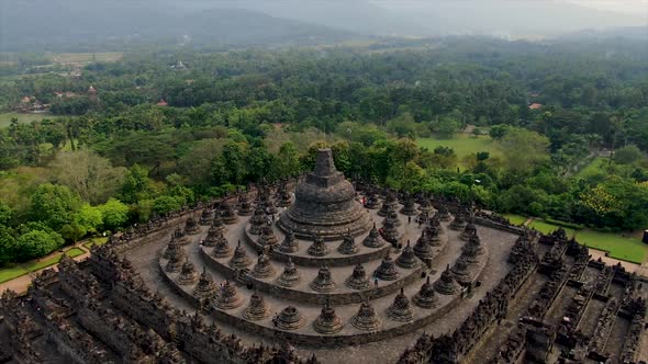 Borobudur temple and Javanese tropical landscape, Indonesia, aerial view