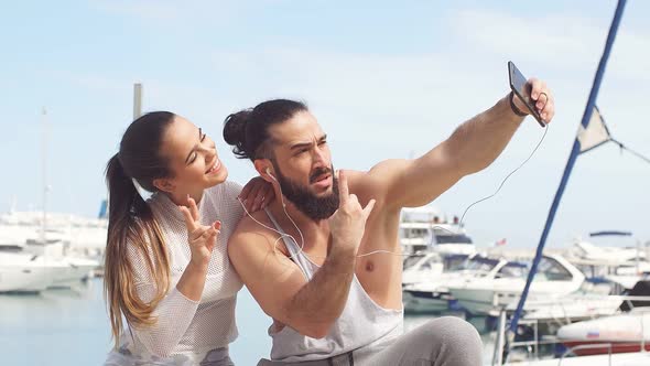 Sportive Couple on Seaside Summer Vacation, Taking Selfie Photo