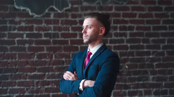 Stylish Young Businessman Portrait Standing Indoor Hands Crossed Dressed Business Suit Smiling at