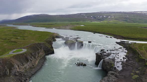 Flying Above the Godafoss Waterfall in Iceland