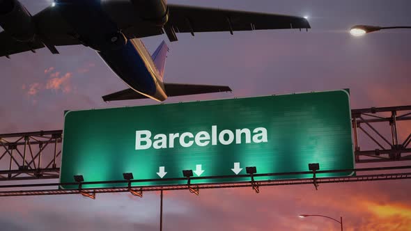 Airplane Take Off Barcelona During a Wonderful Sunrise