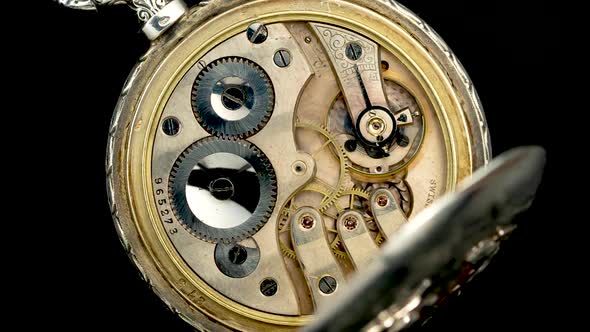 Vintage Clock Rotating Mechanism. Close Up. Time Lapse . Back Background