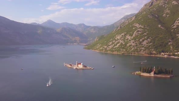 Aerial Footage of St. George and Monastery on the Islands Near Perast Town in Kotor Bay