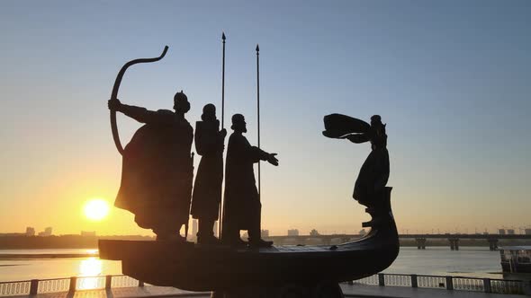 Symbol of Kyiv - a Monument To the Founders of the City in the Morning at Dawn. Ukraine. Aerial