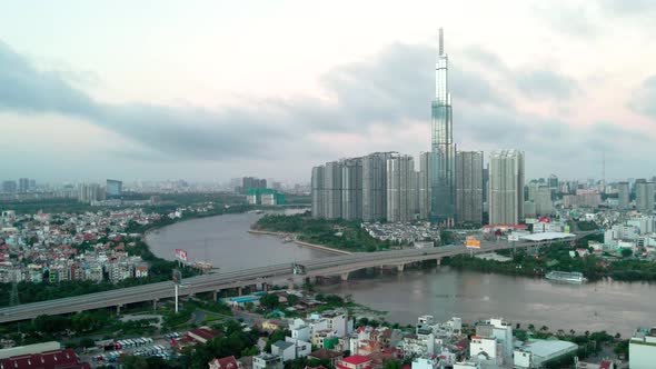 Ho Chi Minh City, Vietnam - Aerial view of almost none traffic and cityscape with spectacular Bitexc