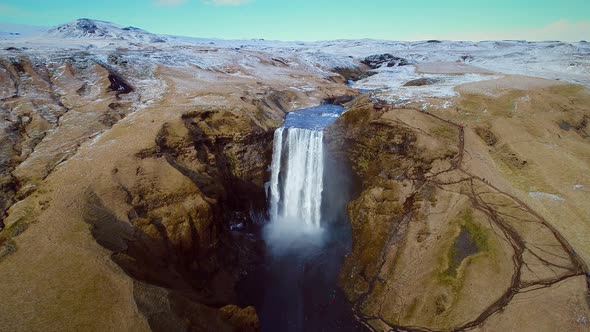 Aerial view of Skogafoss waterfall in Iceland.
