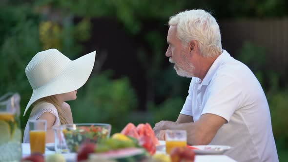 Joyful Girl Fantasizing With Grandpa and Looking in Sky, Carefree Childhood