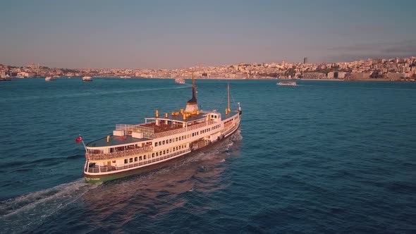 Aerial tracking of cruise ship in istanbul Bosphorus