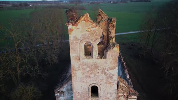 Ruins of the Lutheran Church in Salgale Latvia Aerial 4K Dron Shot.