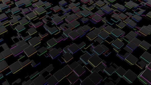 Abstract Looped Dark Background Waves of Cubes on Plane and Neon Lights