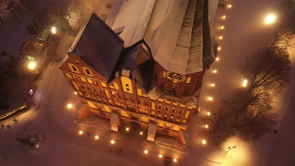 Aerial view of the Cathedral in Kaliningrad at the night in the wintertime