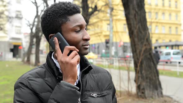 Young Handsome Black Man Phone - Urban Street with Cars - City