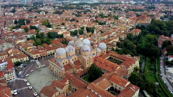 The Saint Anthony of Padua Basilica in Italy high  panorama, Aerial slow lowering approach