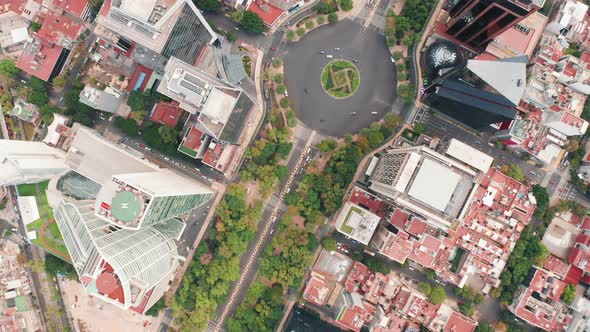 Cinematic Top Down View of Central Square in Modern Green Area of Mexico City.