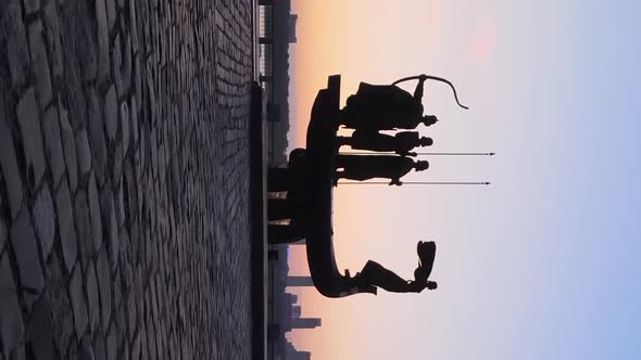 Vertical Video  Monument To the Founders of the City in the Morning at Dawn