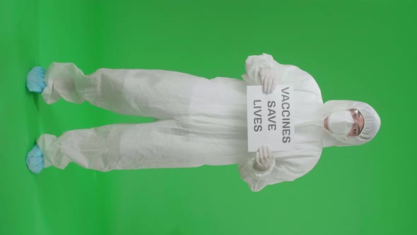 Man Wearing Protective Uniform PPE And Holding Vaccines Save Lives Sign In The Green Screen Studio