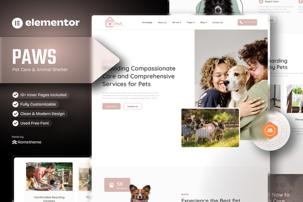 Paws - Pet Care and Animal Shelter Elementor Template Kit