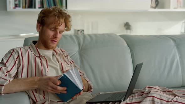 Businessman Talking Laptop Computer at Home Office on Lockdown Period Closeup