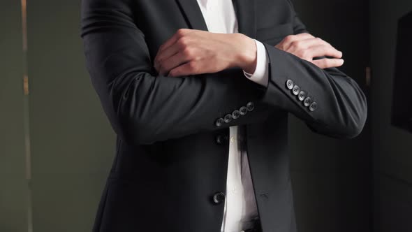 Spiffing Confident Young Man Crossing Arms Posing in Hotel Room