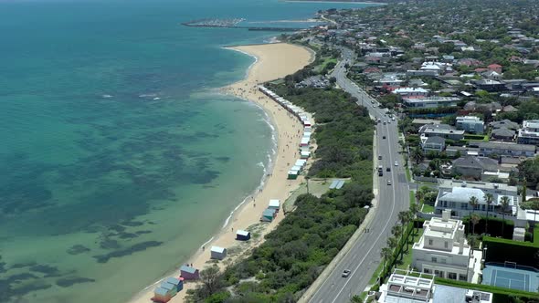 Dendy Street Beach in Melbourne Seen From the Air with the Melbourne Skyline