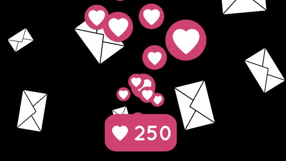 Heart and envelope icons flying on black background 4k