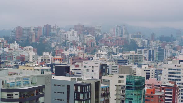 Buildings Quito City Magical Hour Travelling Aerial View. Ecuador