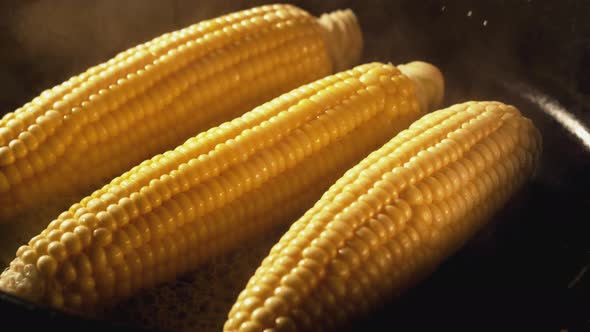 Sprinkling salt on corns in fry pan. Slow Motion.