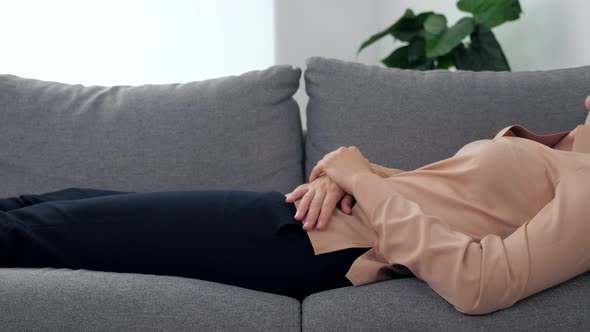 Adult Woman with Mental Health Problems Lying on Couch Talking to Psychologist