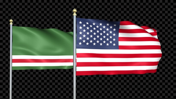 Chechen Repub Lic Of Ichkeria And United States Two Countries Flags Waving