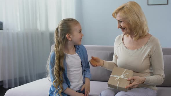 Pretty Female Grandchild Giving Gift to Granny for Birthday, Family Holidays