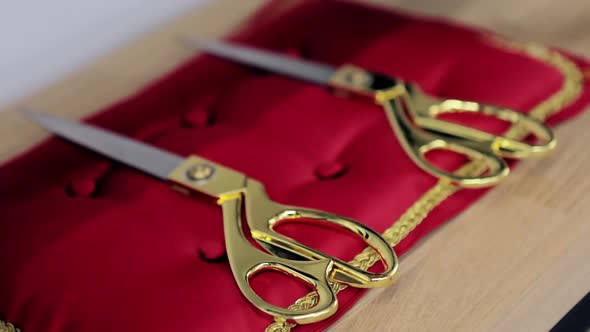 Close up of golden scissors for the official ceremonies lying on a red pillow