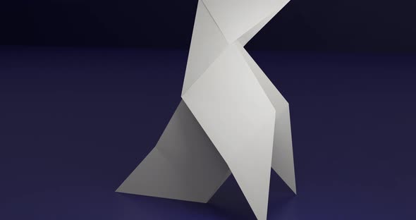 White classic origami little bird on dark blue background with copy space. 3D render animation
