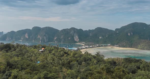 Time Lapse of Day Clouds Over the Wonderful Bay of Phi Phi Island Landscape with Boats