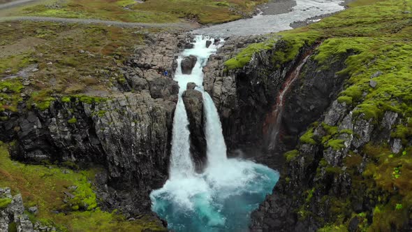 Aerial View Waterfall with Crystal Clear Water, Eastern Iceland