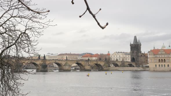 Scenery in Czechia capital with Vltava river and Charles bridge 4K 2160p 30fps UltraHD footage - Fam