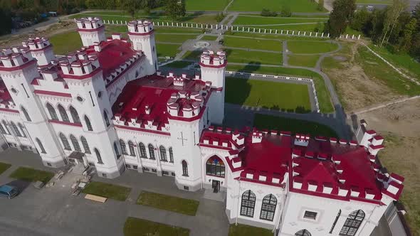 Kosava, Belarus. Aerial view of Kosava Castle. Puslowski Palace Castle.