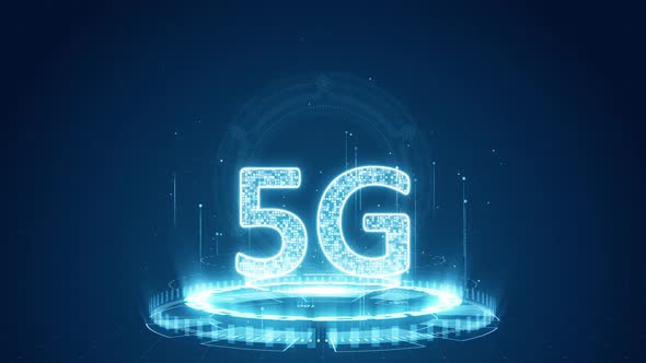Blue digital 5G logo with futuristic technology and levitation particle on abstract background
