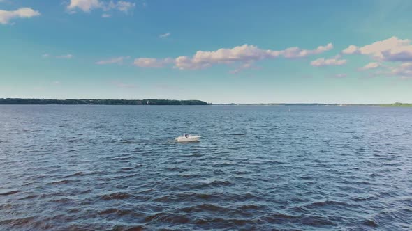 Speedboat in Archipelago - From Above. Speedboat on Water - Drone View From Above Capturing the