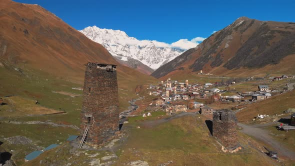 View of the Ushguli Village at the Foot of Mt