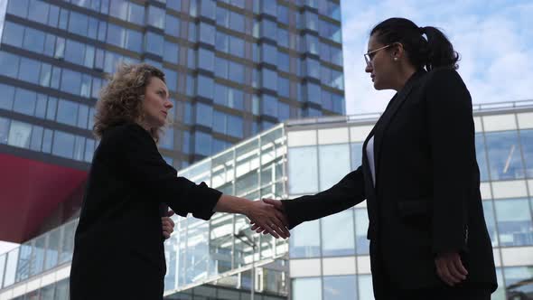 Successful Close of a Deal Between Two Female Office Workers with a Handshake