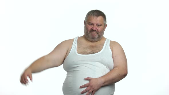 Fat Man with Big Belly Showing Biceps