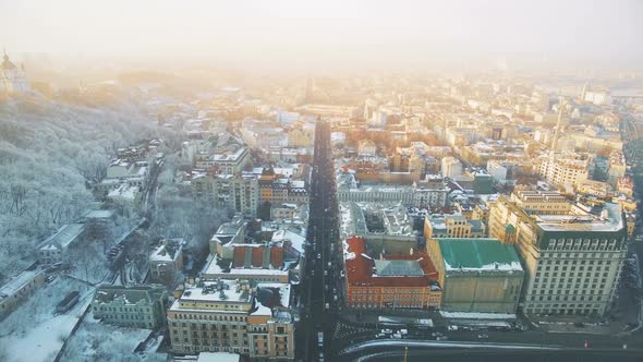 Main Street of Old Town at Hill Foot in Winter Morning