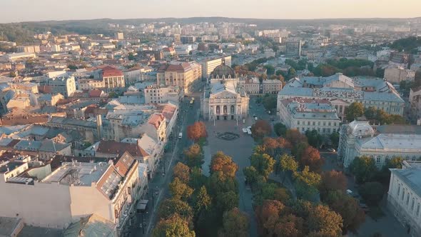 Aerial City Lviv, Ukraine. European City. Popular Areas of the City. Lviv Opera