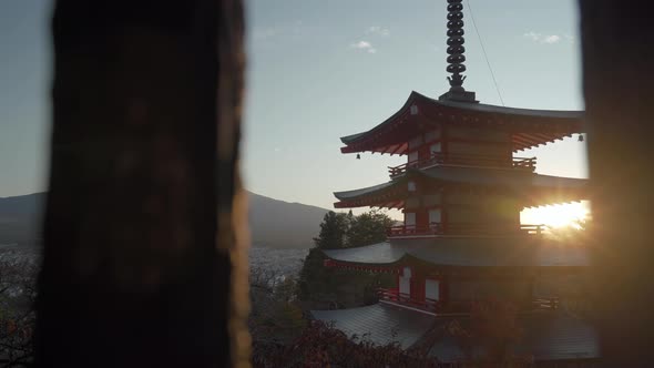 4K UHD Video of Chureito Pagoda, Japan at sunset with Mount Fuji