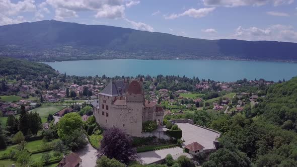 Annecy Lake and Castle Aerial View in France