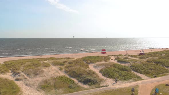 Drone flying towards ocean in Denmark