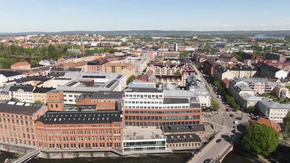 Norrkoping canal, streets and buildings seen from above in Sweden