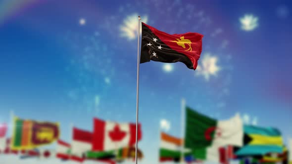 Papua New Guinea Flag With World Globe Flags And Fireworks